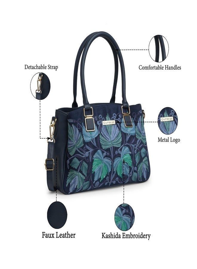 كابريس حقيبة كابريس سيجي تريسانا الكبيرة للنساء | حقيبة يد مطرزة بتطريز كاشيدا مع حزام قابل للتعديل والفصل و3 جيوب واسعة | حقيبة يد أنيقة للعمل والسفر والاستخدام اليومي (أزرق) - Image 3